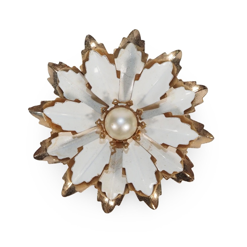 Vintage Emmons White Enamel Flower Brooch Faux Pearl Gold Tone 1960s 2.5"